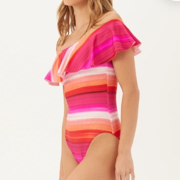 Trina Turk Pink and Orange Striped One Piece Swimsuit - Picture 4 of 7